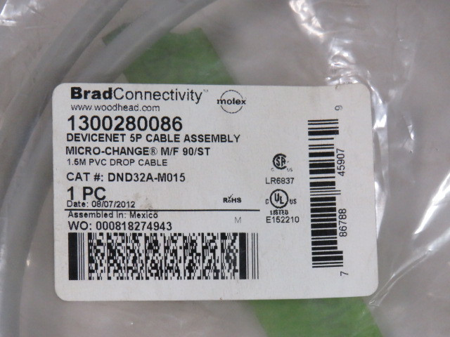 Molex DND32A-M015 Devicenet 5P Cable Assembly Micro-Change M/F 90/ST 1.5m L NWB