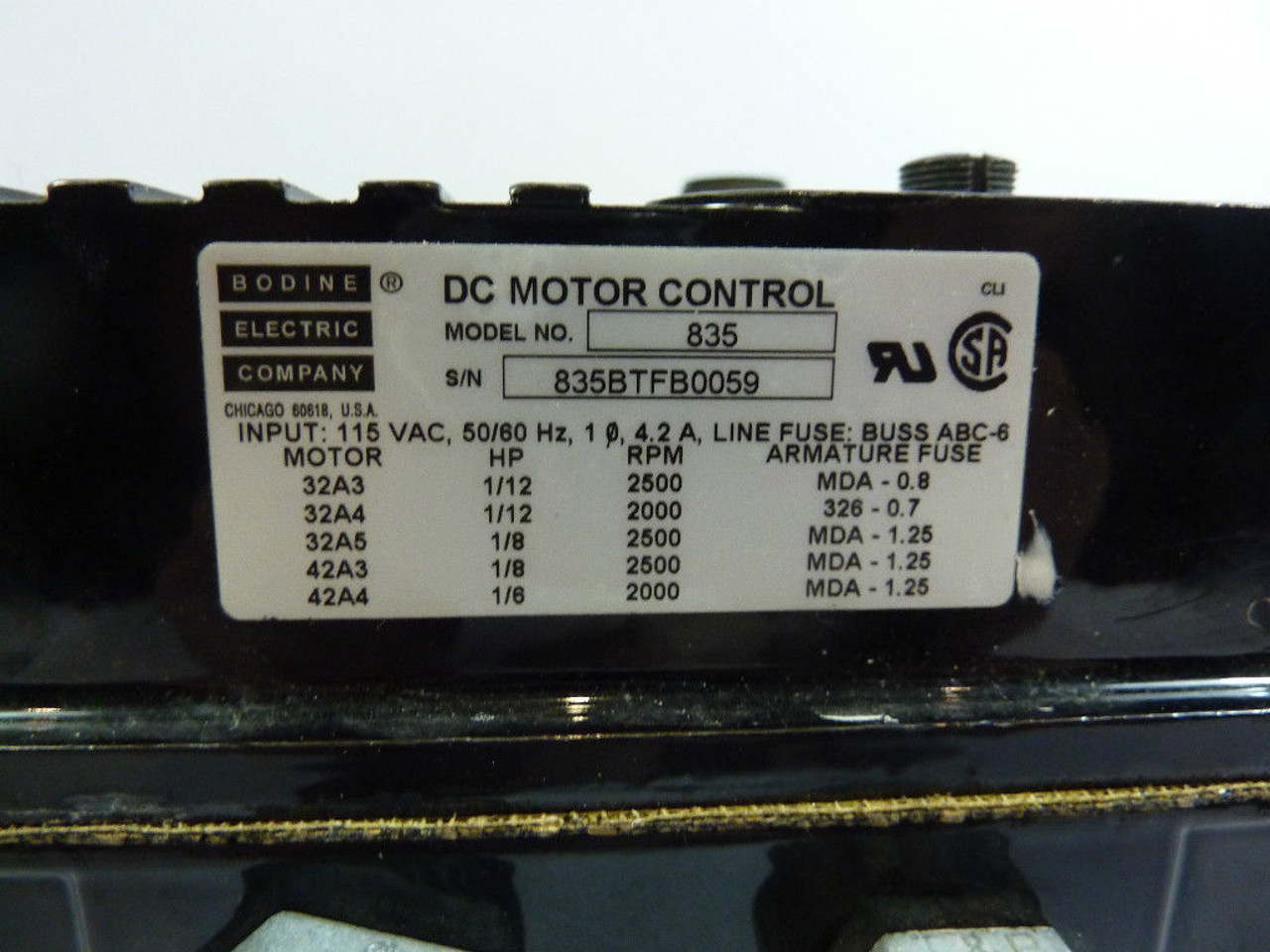 Bodine 835 DC Motor Control 4.2 Amp 115V MISSING TOGGLE SWITCH USED