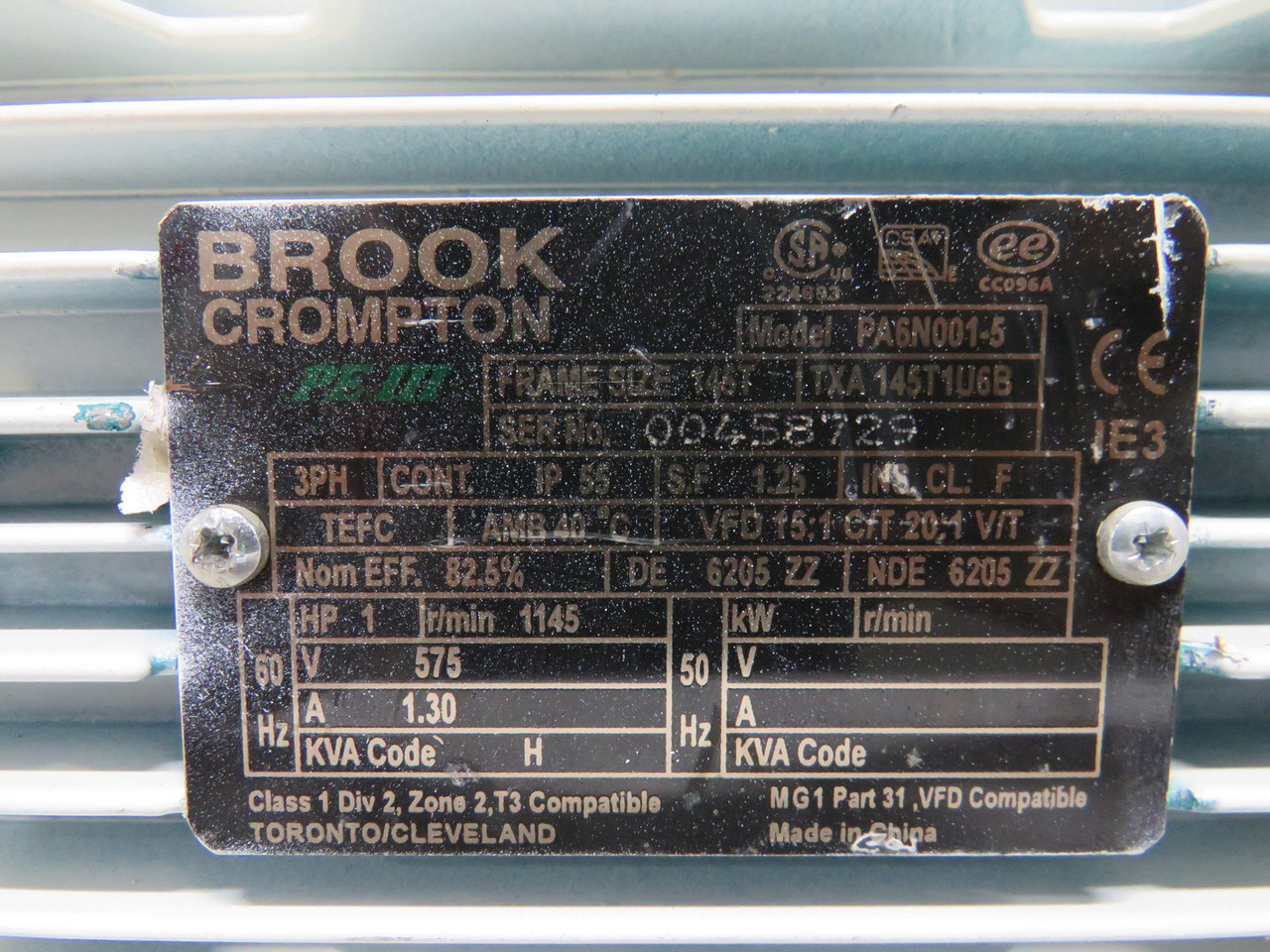 Brook Crompton 1HP 1145RPM 575V 145T TEFC 3Ph 1.30A 60Hz USED