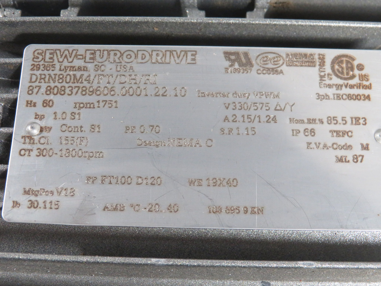 Sew-Eurodrive 1.0HP 1751/300-1800RPM 330/575V TEFC 3Ph *SHELF WEAR* NOP