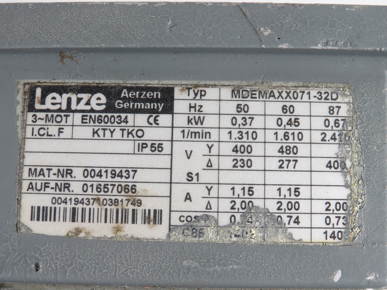 Lenze 0.37/0.45/0.67kW 1310/1610/2410RPM 3Ph *MISSING KEY/SHAFT DAMAGE* USED