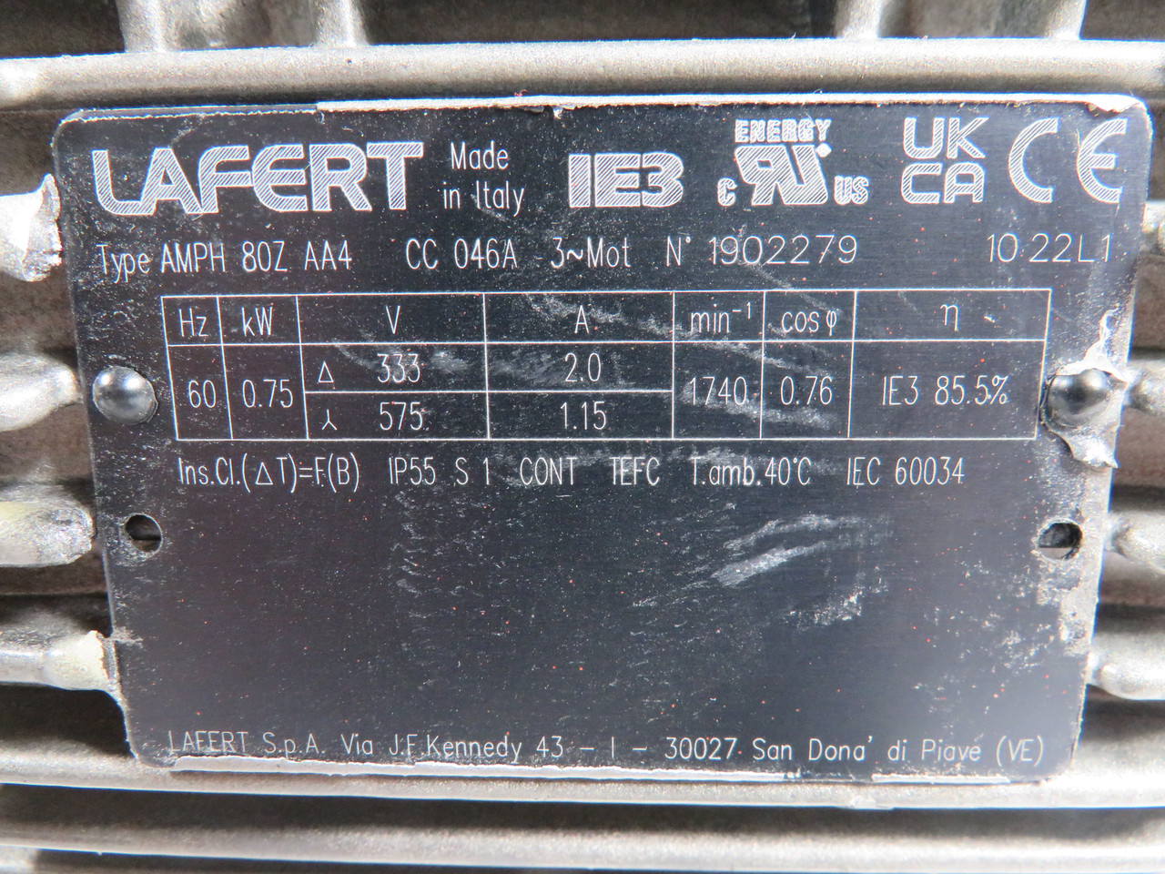 Lafert AMPH80ZAA4 0.75kW 1740RPM 333/575V TEFC 3Ph 2.0/1.15A 60Hz USED