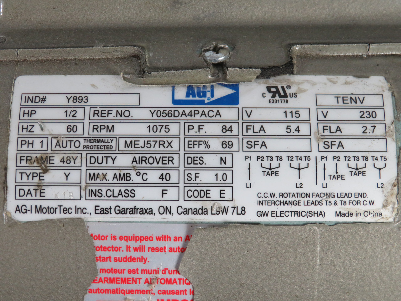 AG-I MotorTec 1/2HP 1075RPM 115/230V 48Y TENV 1Ph 5.4/2.7FLA 60Hz *RUST* USED