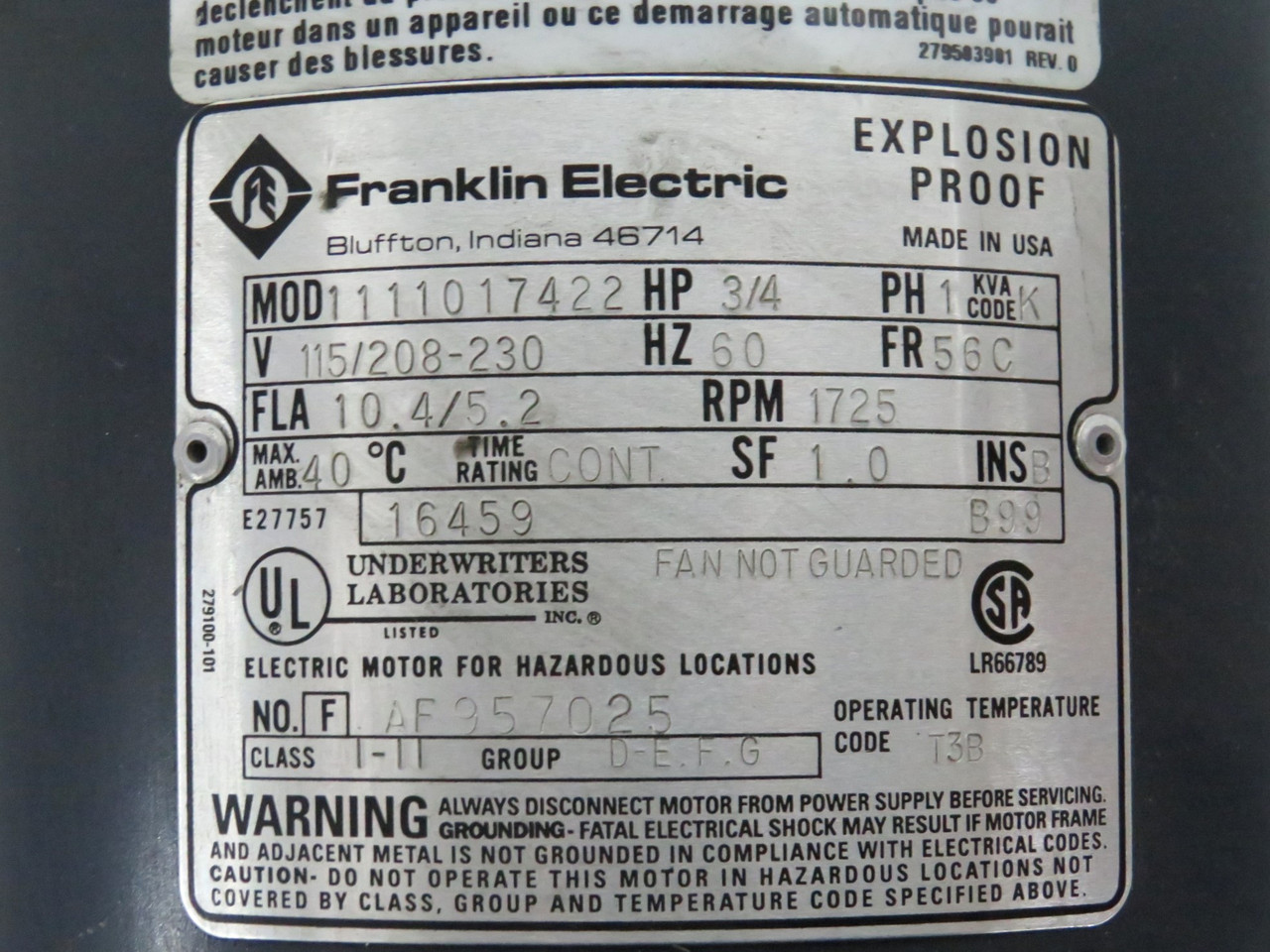 Franklin Electric 1111017422 3/4HP 1725RPM 115/208-230 56C 1PH 60HZ USED