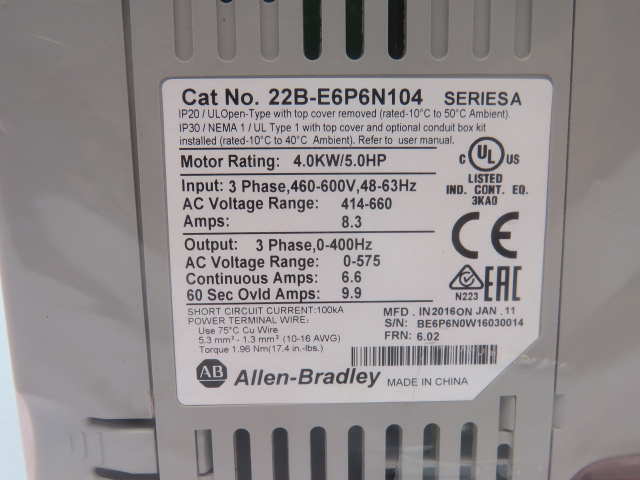 Allen-Bradley 22B-E6P6N104 AC Drive Series A 4.0kW/5.0HP Open/Damaged Box* NEW