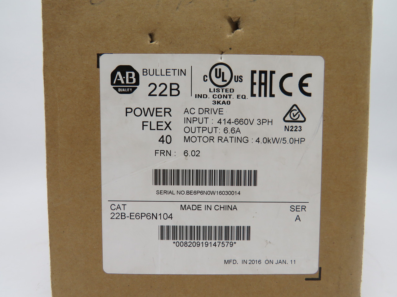 Allen-Bradley 22B-E6P6N104 AC Drive Series A 4.0kW/5.0HP Open/Damaged Box* NEW