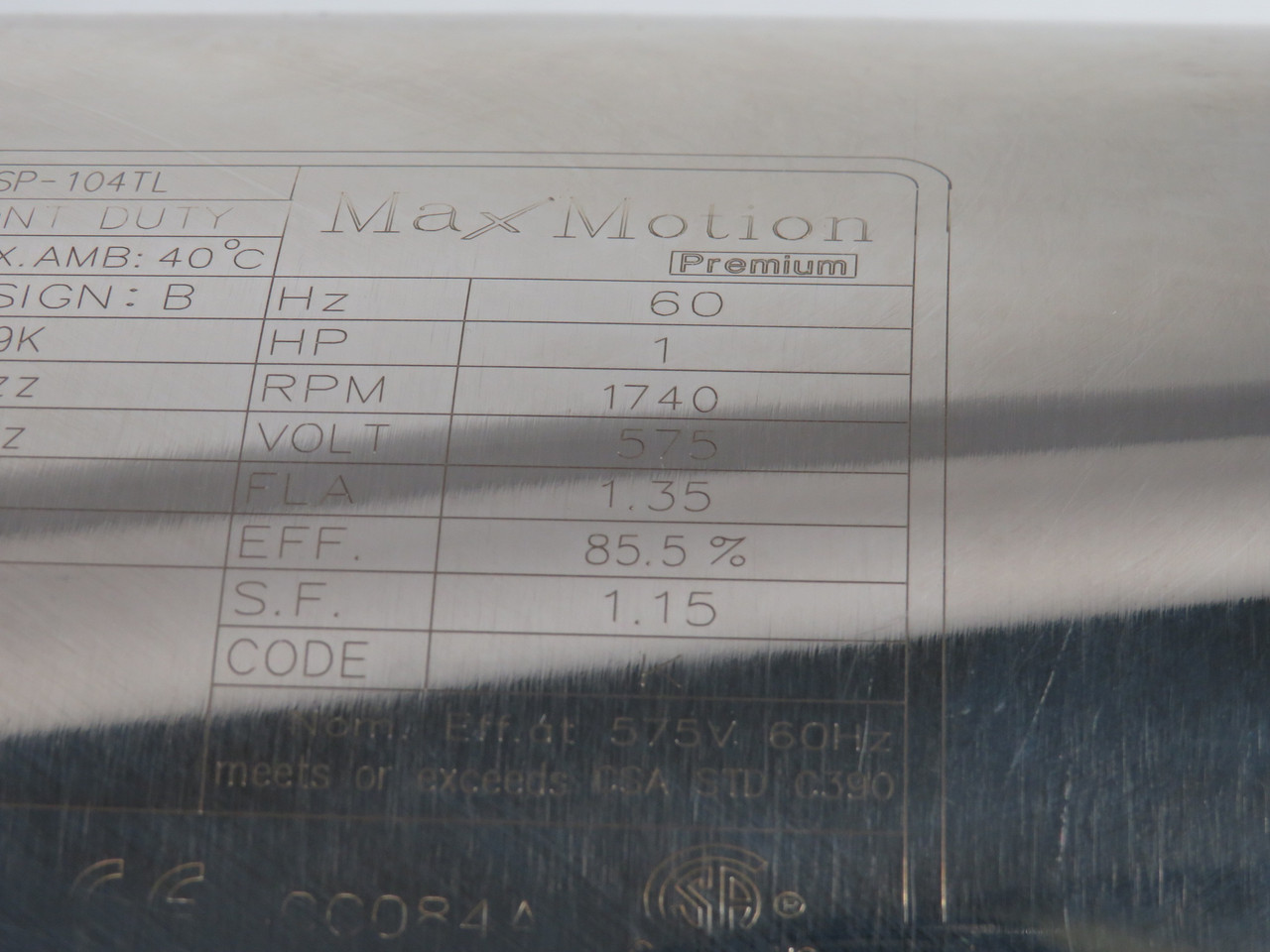 MaxMotion 1HP 1740RPM 575V 143TC TEFC 3Ph 1.35FLA 60Hz Inverter Duty NOP