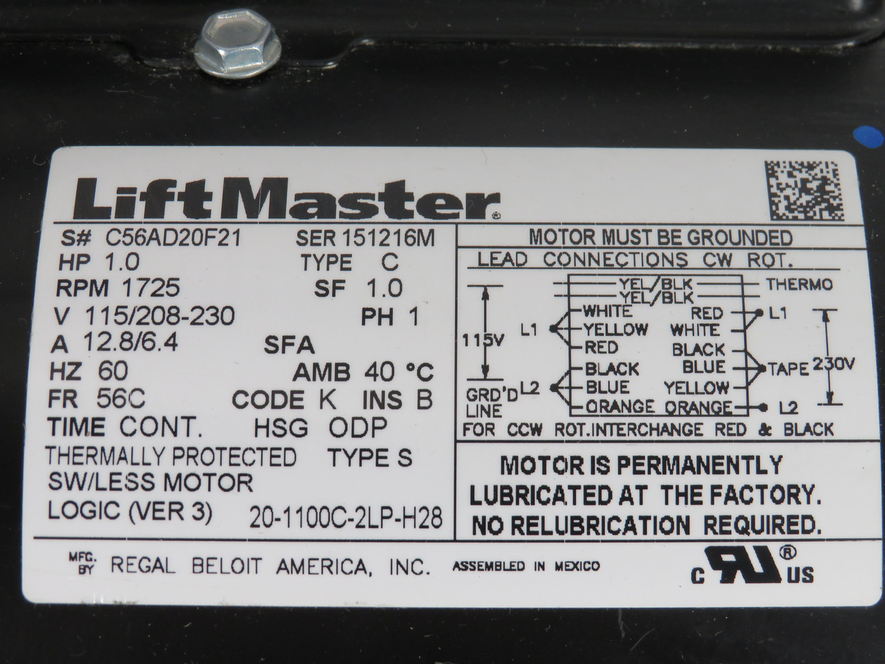 Regal Beloit LiftMaster 1.0HP 1725RPM 115/208-230V 56C 1Ph 12.8/6.4A 60Hz USED