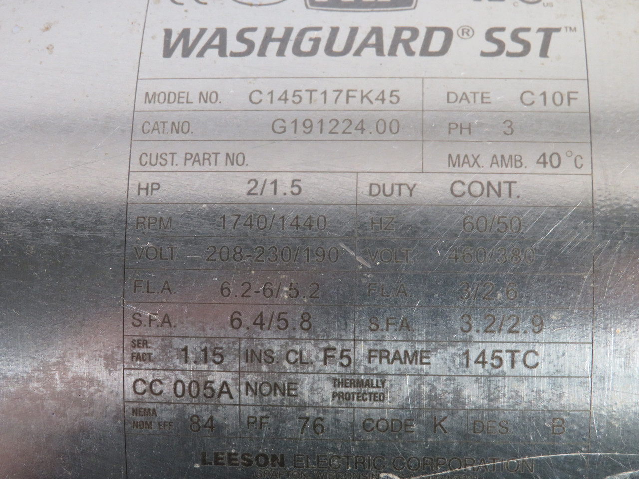 Leeson 2.0/1.5HP 1740/1440RPM 208-230/190V 460/380V 145TC TEFC 3Ph USED