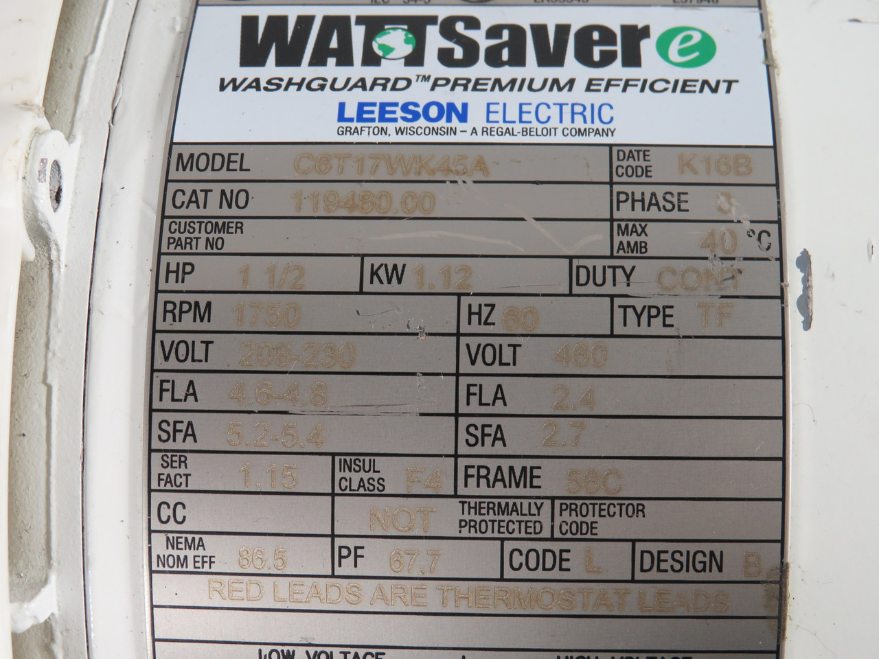Leeson 1-1/2HP 1.12kW 1750RPM 208-230/460V 56C TEFC 3Ph 60Hz *NO KEY* USED