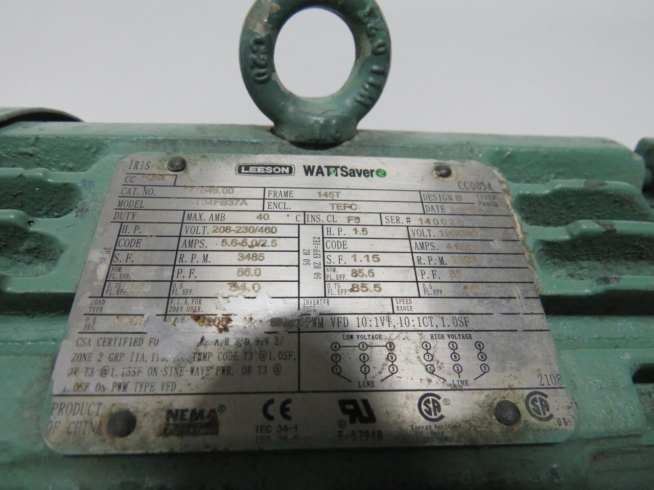 Leeson 2HP 3485RPM 208-230/460V 145T TEFC 3Ph SHELF WEAR USED