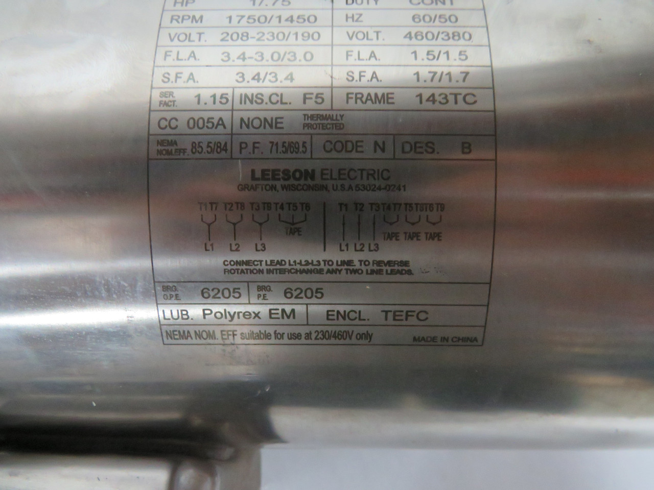 Leeson 1HP 1750RPM 208-230/190V 143TC TEFC 3Ph 3.4-3.0FLA 60Hz NOP