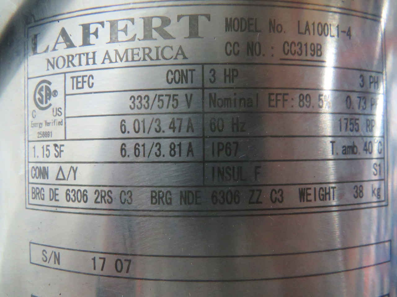 Lafert 3HP 1755RPM 333/575V TEFC 3Ph 6.01/3.47A 60Hz NOP