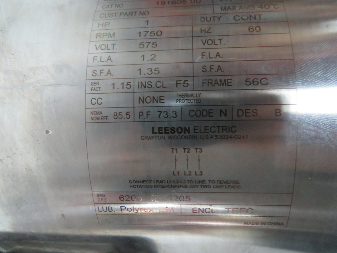 Leeson 1HP 1750RPM 575V 56C TEFC 3Ph 1.2FLA 60Hz NOP