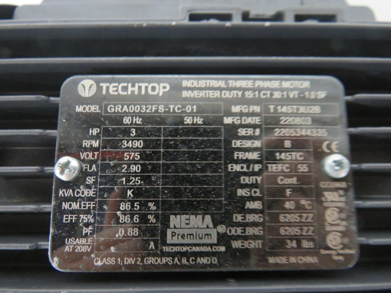 General Pump EZ2542 C/W Techtop 3HP 3490RPM 575V 145TC TEFC 3Ph 2.9FLA 60Hz USED