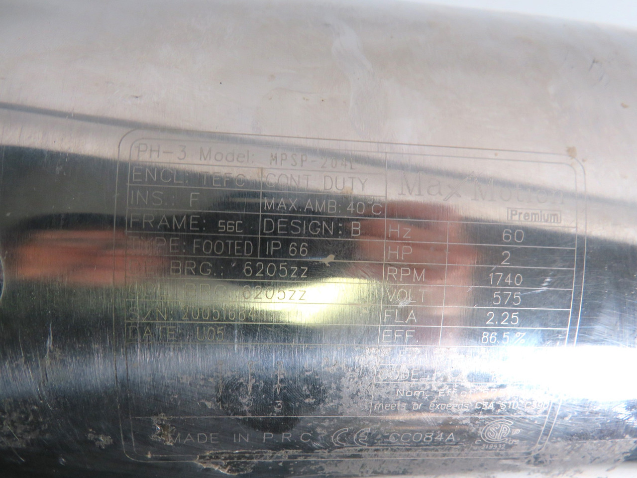MaxMotion MPSP-204L 2HP 1740RPM 575V 56C TEFC 3PH 60HZ *Missing Fan Cover* USED
