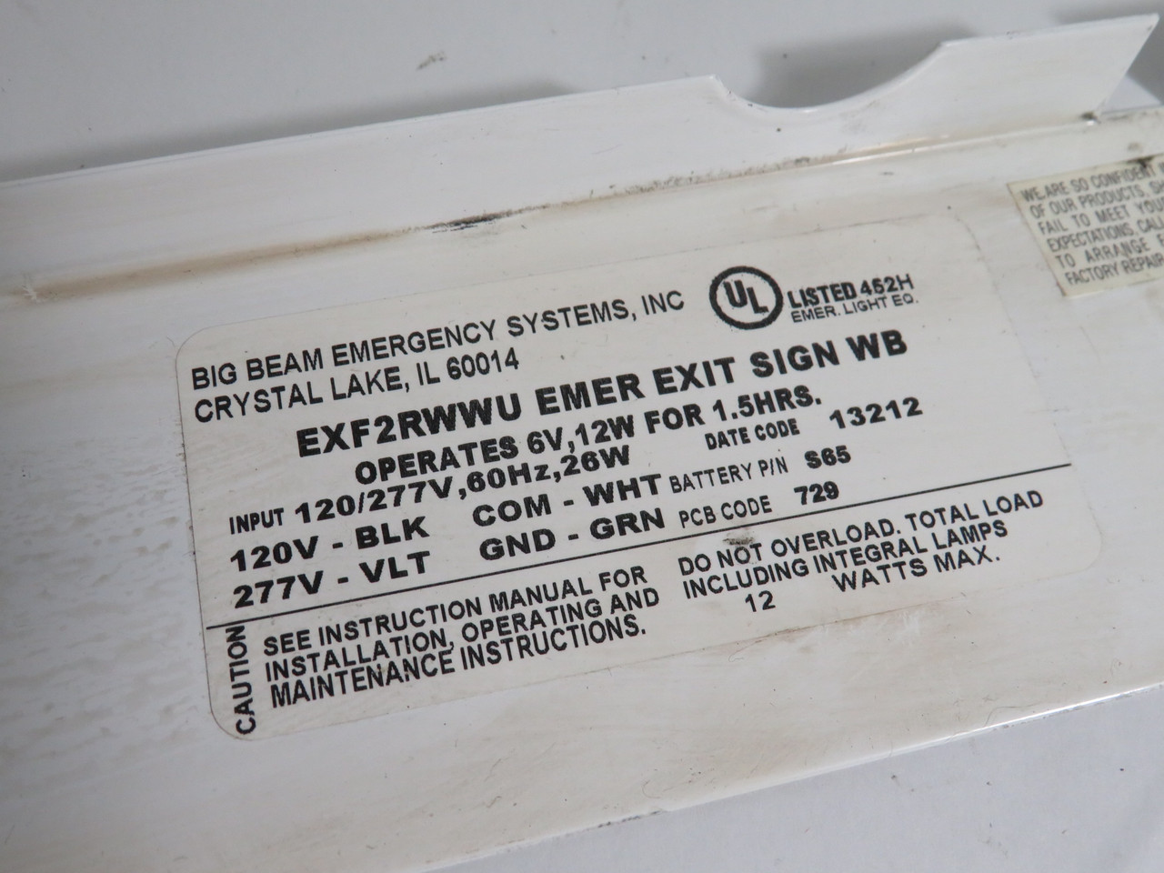 Big Beam Emergency Systems EXF2RWWU Exit Sign 6V 12W For 1.5 Hrs USED