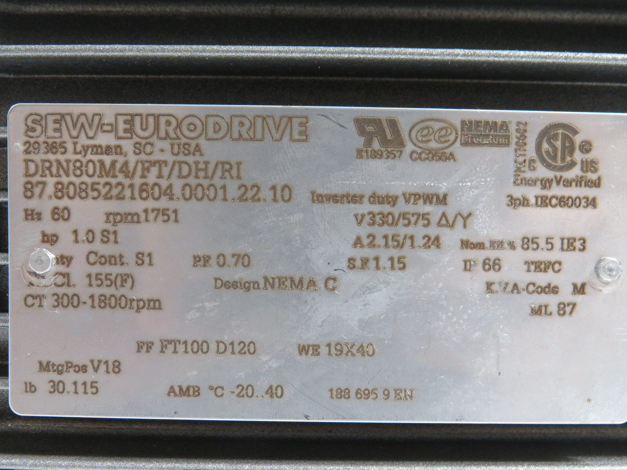 Sew-Eurodrive 1.0HP 1751/300-1800RPM 330/575V TEFC 3Ph SHELF WEAR USED