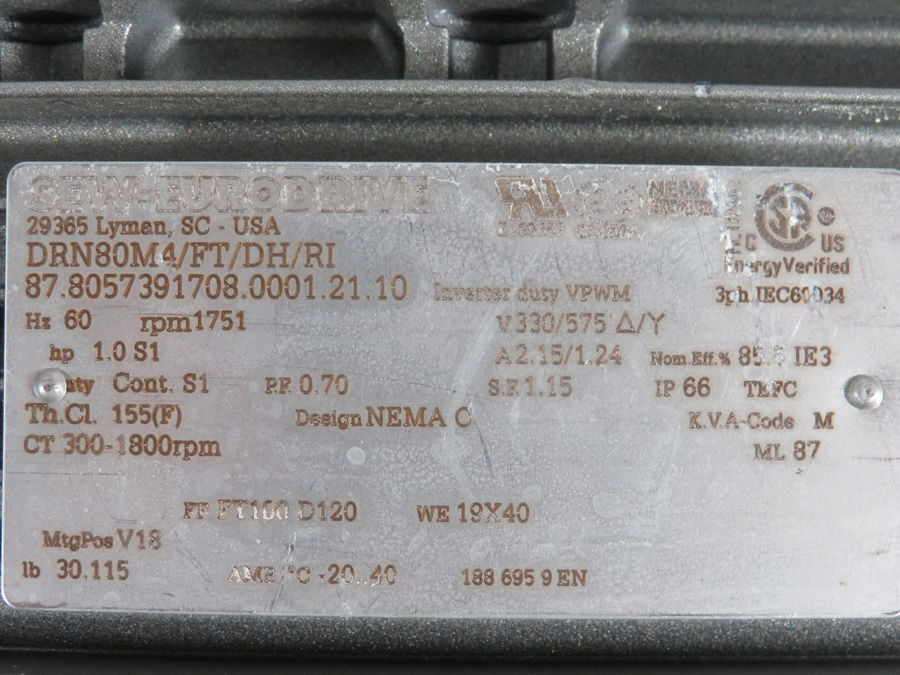 Sew-Eurodrive 1.0HP 1751/300-1800RPM 330/575V TEFC 3Ph *NO KEY* USED