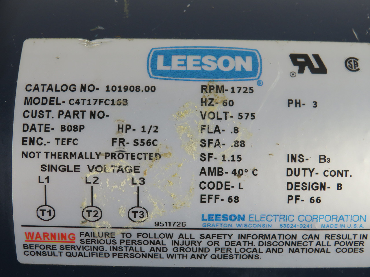 Leeson 1/2HP 1725RPM 575V S56C TEFC 3Ph 0.8FLA 60Hz *NO KEY* USED