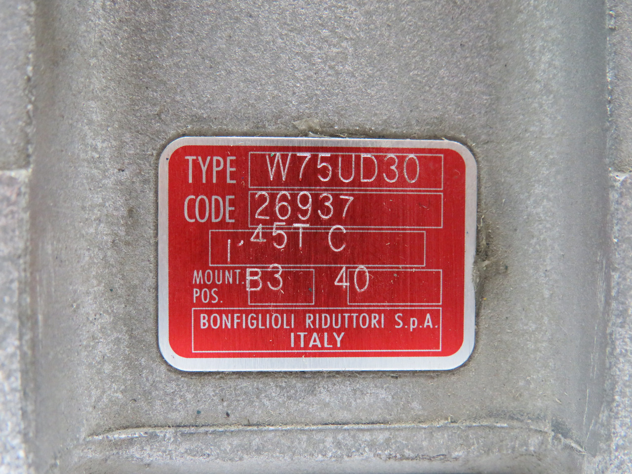Bonfigliolo W75UD30 Right Angle Gear Reducer 145TC 40:1 Ratio USED