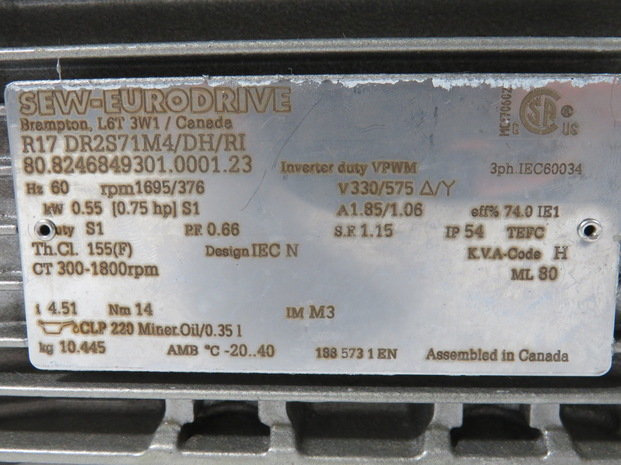 Sew-Eurodrive AC Gearmotor 4.51:1 14Nm 0.55kW 0.75HP 1695/376RPM SHELF WEAR USED