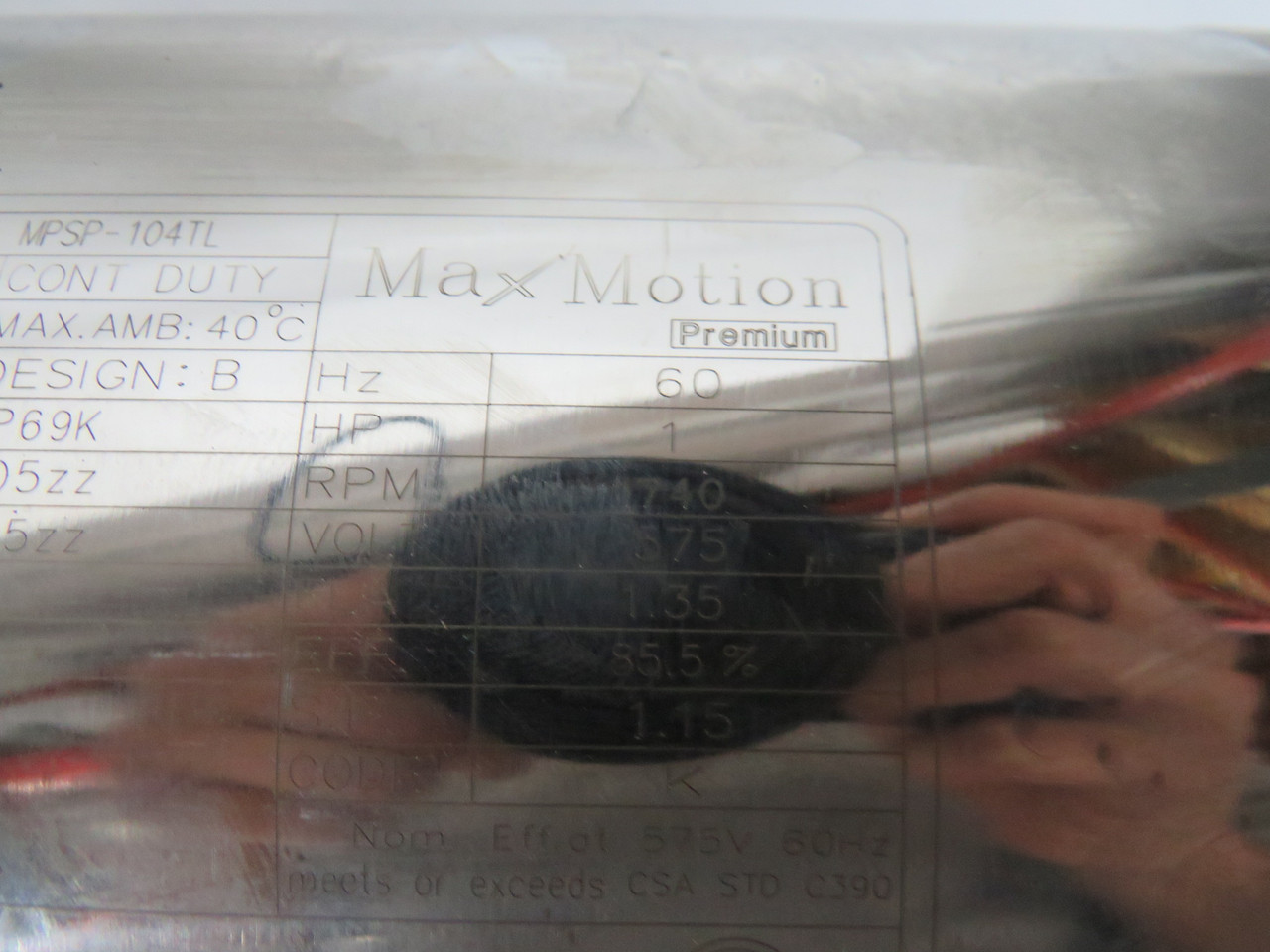 MaxMotion 1HP 575V 1740RPM 143TC TEFC 3Ph 1.35FLA 60Hz SHELF WEAR NOP