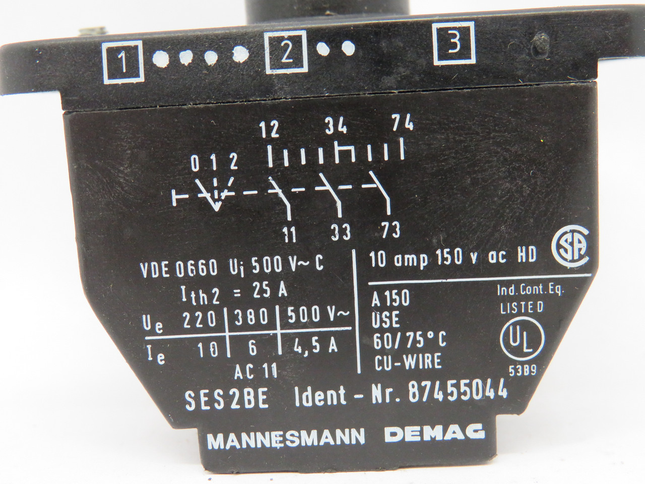 Mannesmann Demag 87455044 SES2BE Contact Block 10A@150VAC *COS DMG* USED