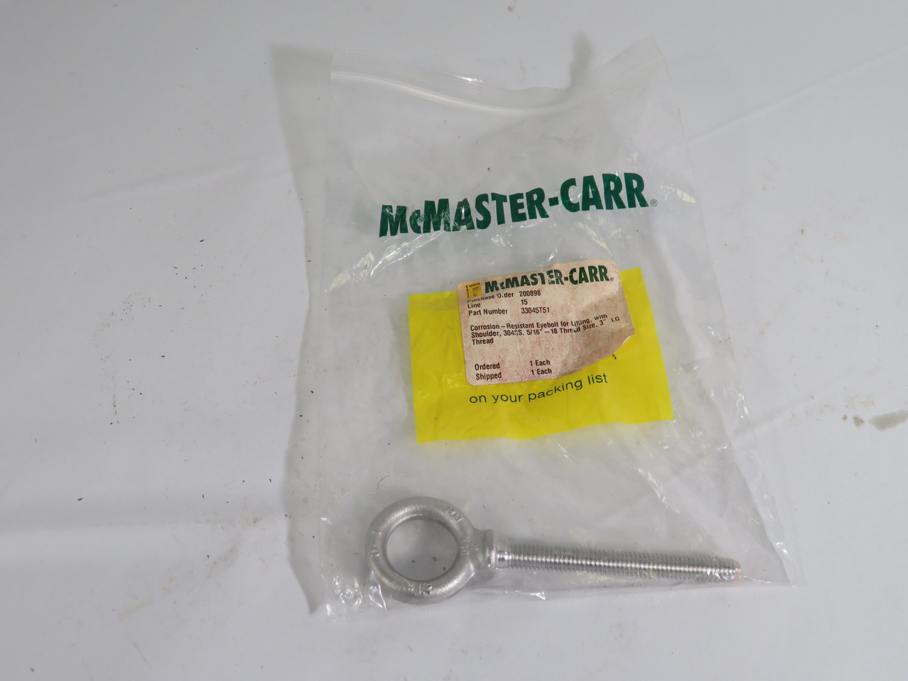 McMaster-Carr 33045T51 Eyebolt  For Lifting 5/16-18 Thread Size 3" LG Thread NWB