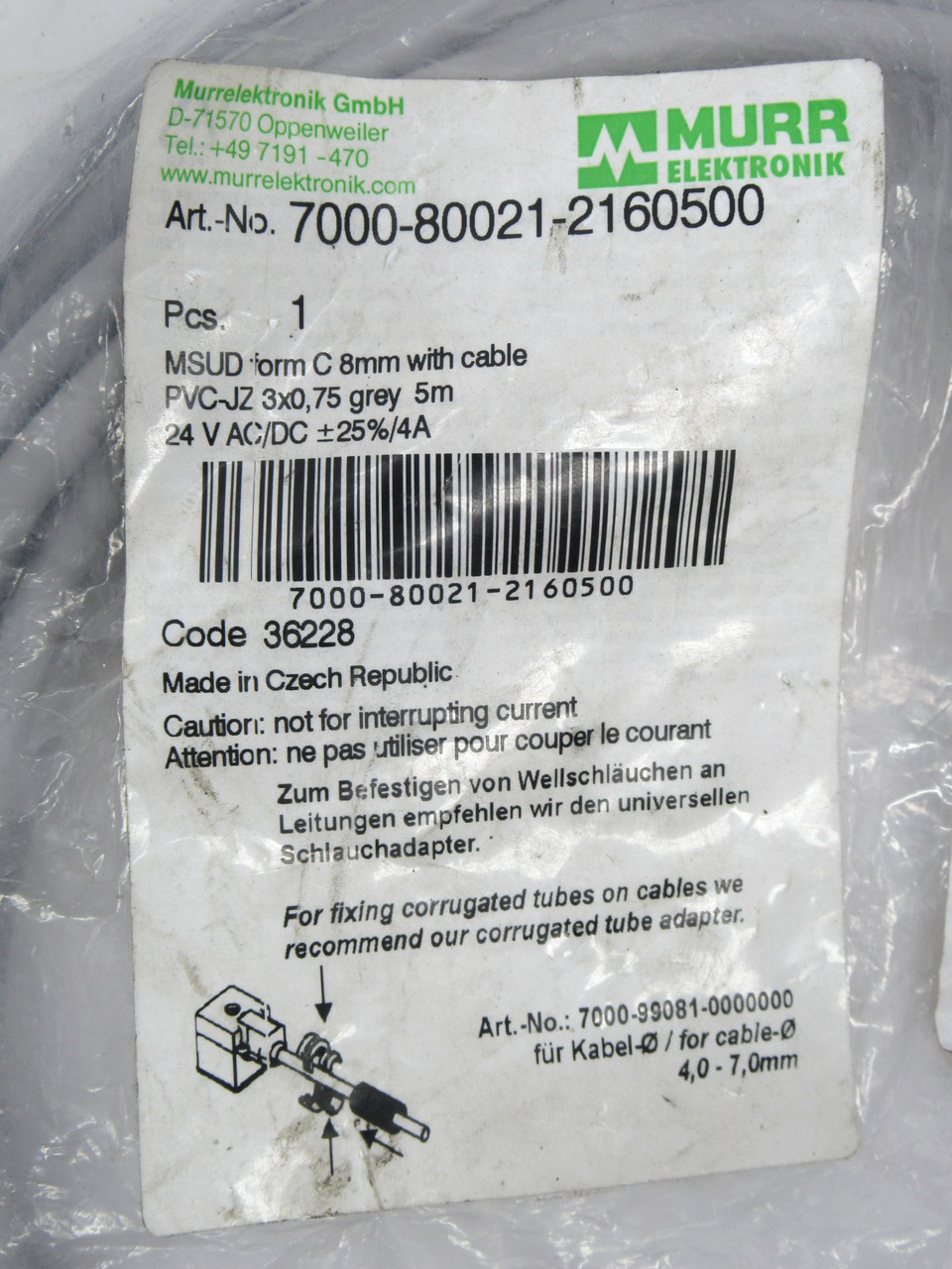 Murrelektronik 7000-80021-2160500 Valve Plug C 8mm W/ Cable *Sealed Bag* NWB