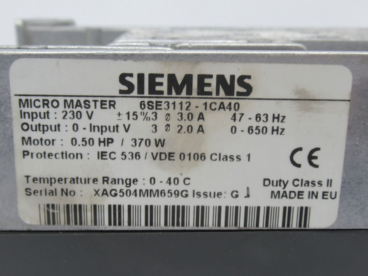 Siemens 6SE3112-1CA40 AC Drive 0.50HP 0-230V 3PH 2A *Loose/Cracked Cover* USED