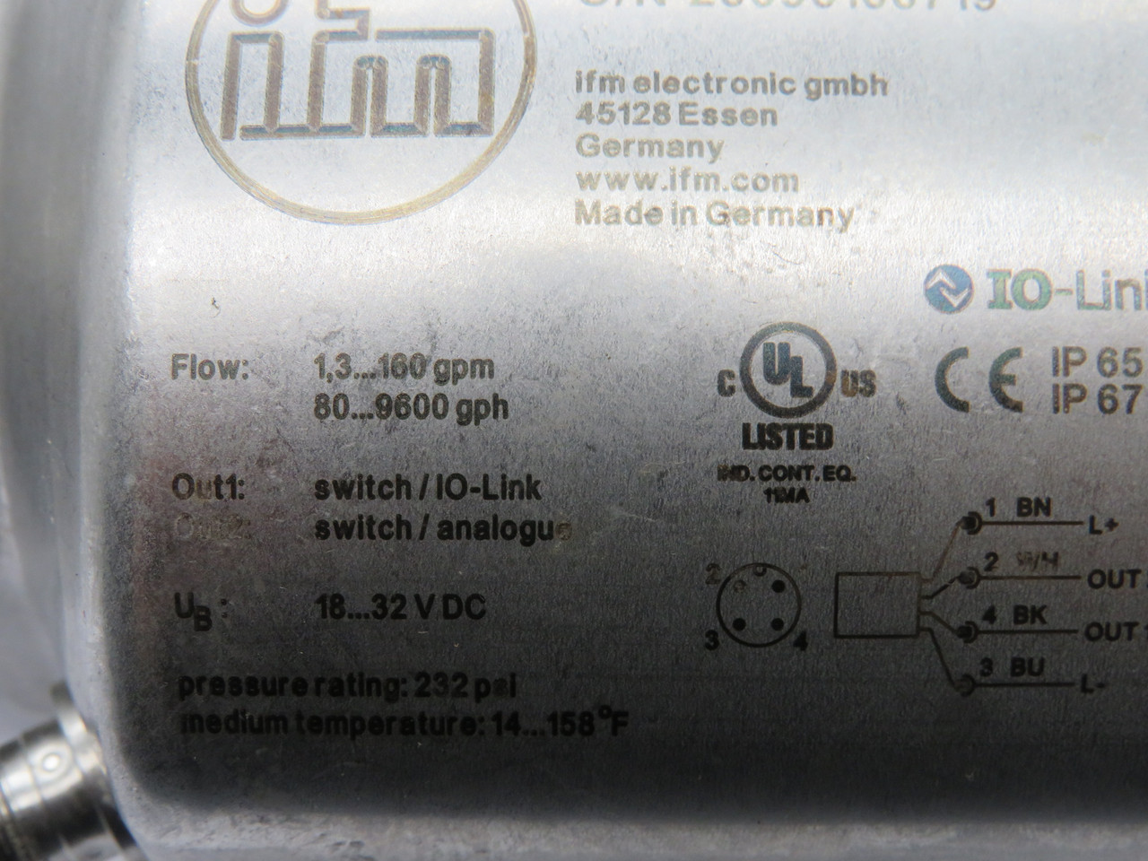 IFM SM2001 Flow Meter 1.3-160gpm 80-9600gph 18-32VDC 232psi 14-158 Deg F USED