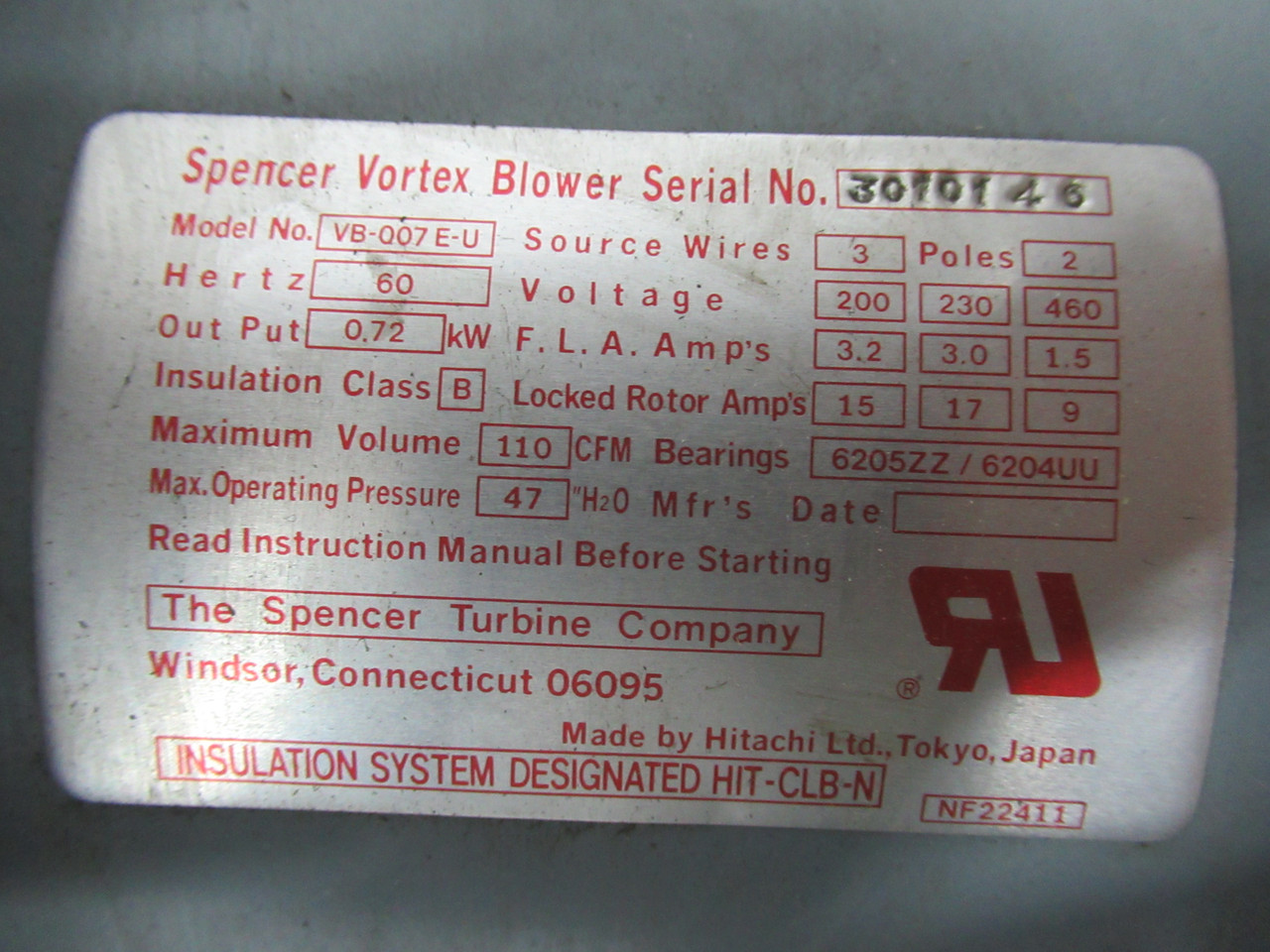 Spencer Vortex Blower 0.72kW 200/230/460V 3.2/3.0/1.5FLA 110CFM 60Hz USED