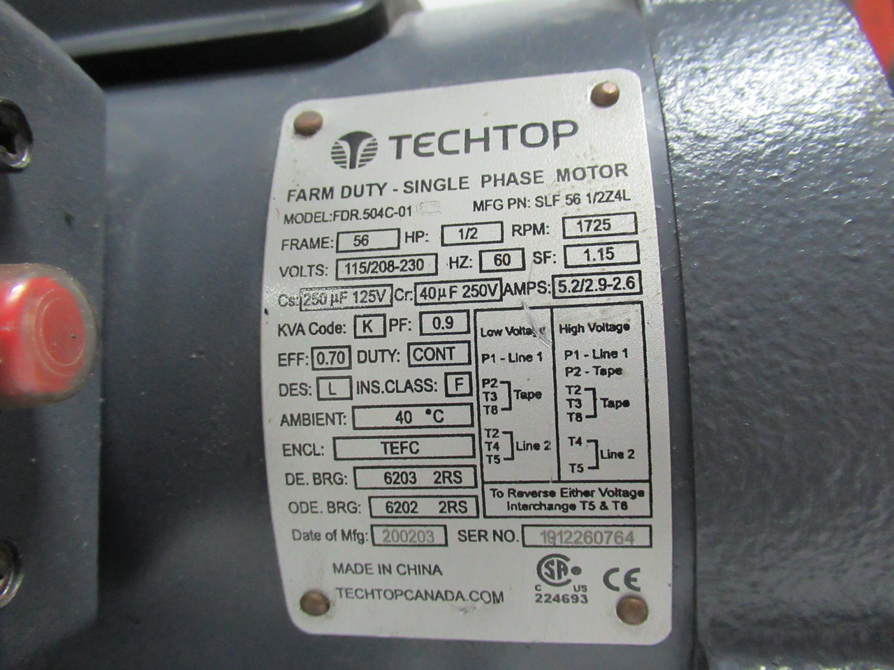 TechTop 1/2HP 1725RPM 115/208-230V 56 TEFC 1Ph 5.2/2.9-2.6A 60Hz USED