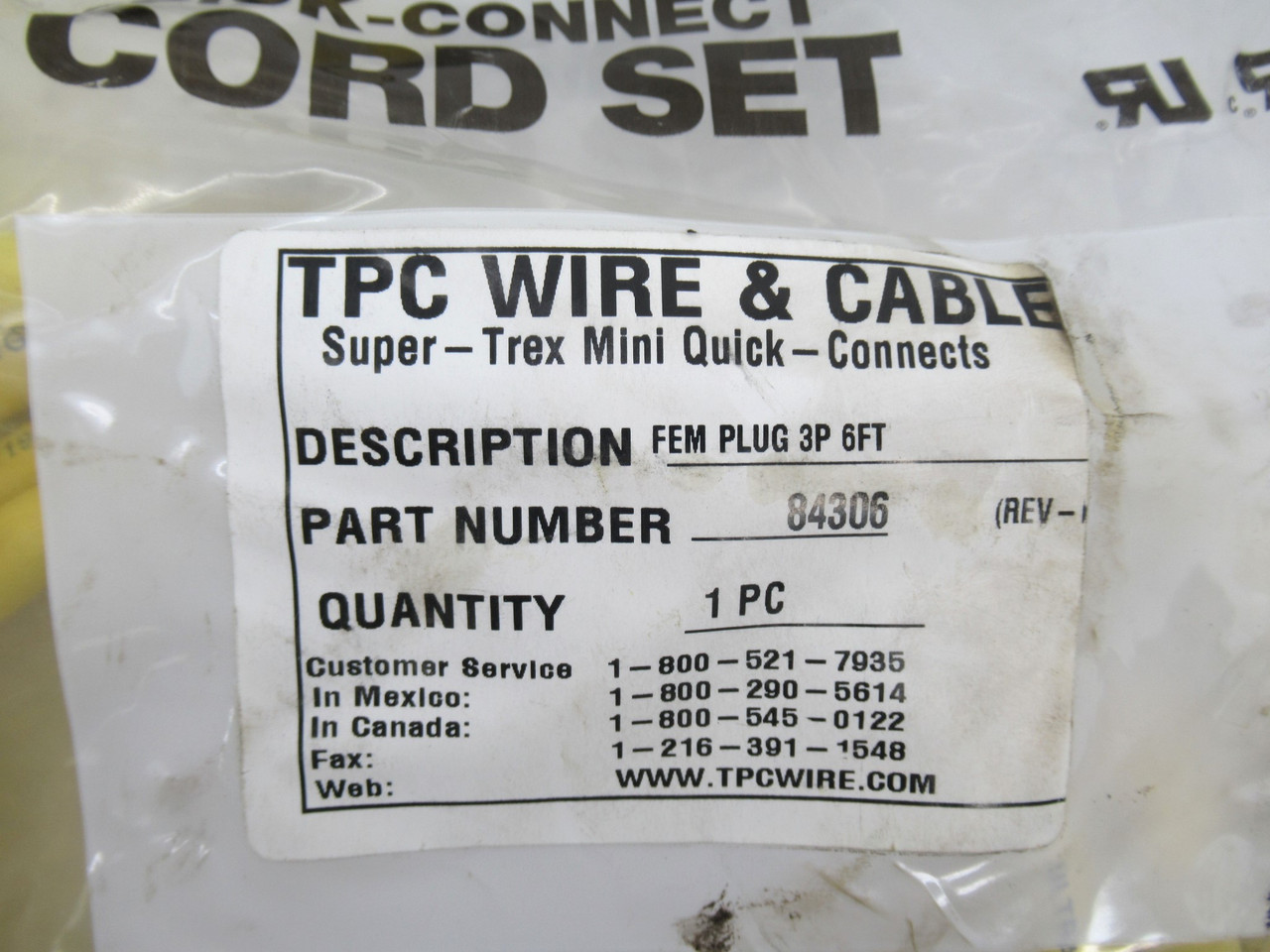 TPC 84306 Straight Single Ended Cordset 600V 3P 6FT Female NWB