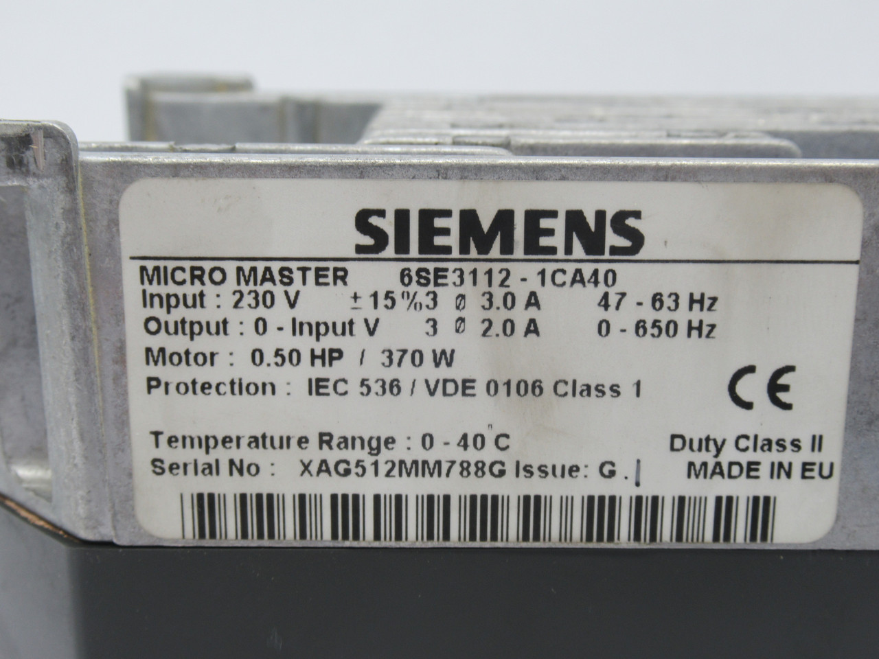 Siemens 6SE3112-1CA40 AC Drive 0.50HP 0-230V 3PH 2A *Damaged Cover* USED