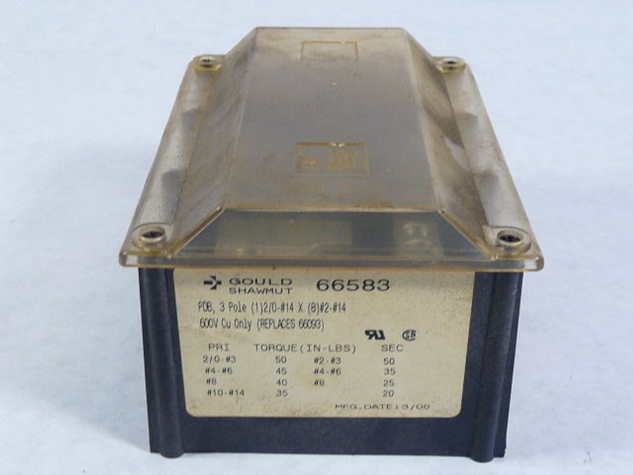 Gould Shawmut 66583 Power Distribution Block 600V 3P C/W Buss CPDB-3 Cover USED