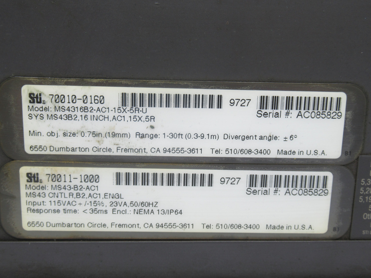 STI MS43-B2-AC1 70010-0160 70011-1000 Light Curtain Controller W/Key 115V USED