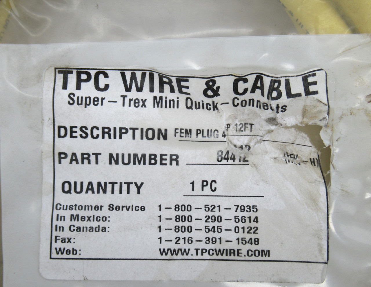 TPC 84412 Super-Trex Mini Quick Cordset 600V 4P 12FT Female *Bag Dmg* NWB