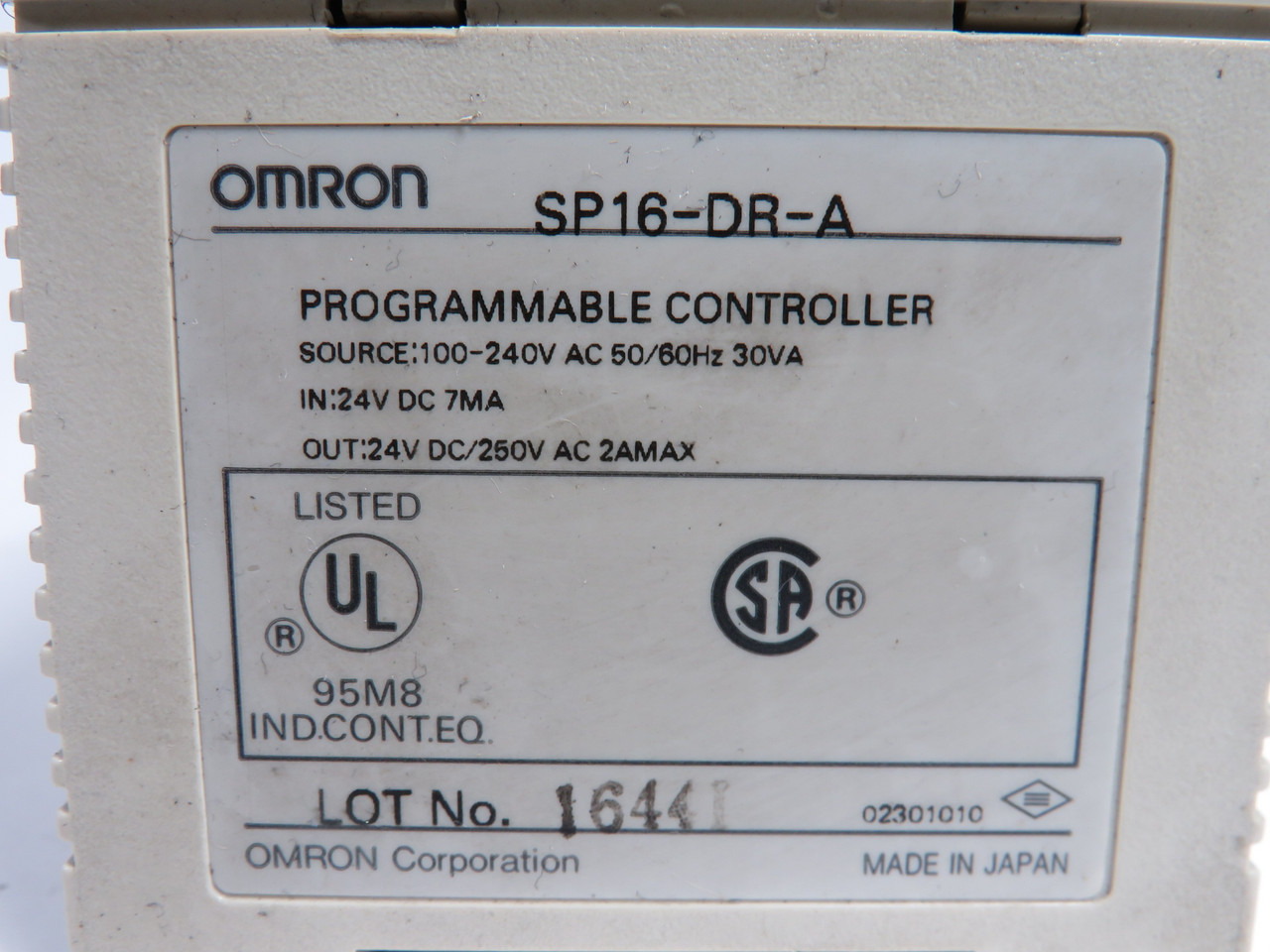 Omron SP16-DR-A Programmable Controller 100-240VAC Output: 24VDC 250VAC 2A USED