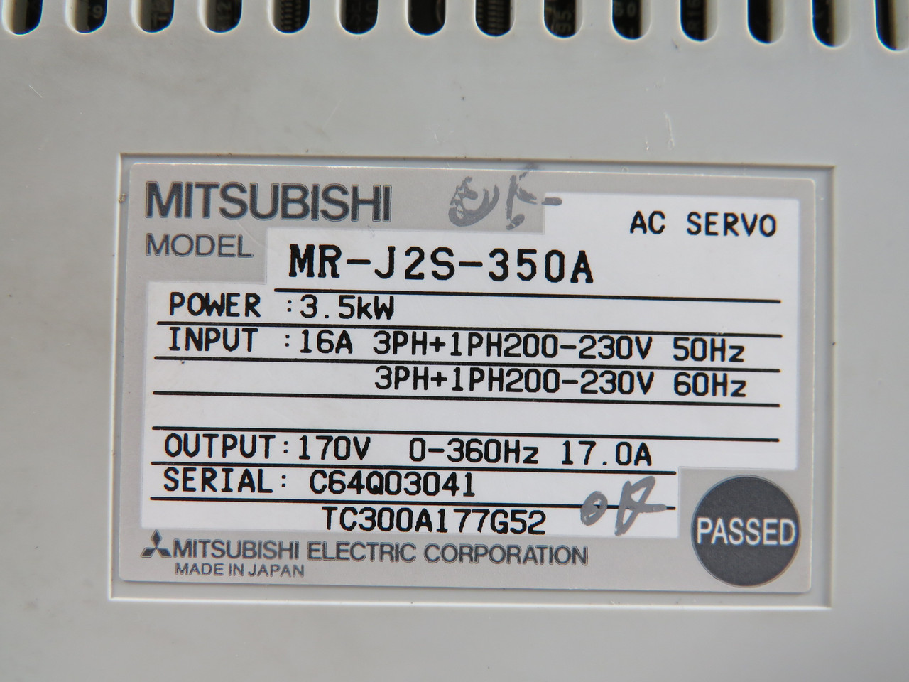 Mitsubishi MR-J2S-350A AC Servo Drive 3.5kW 170V 17.0A MISSING SCREWS/COVER USED