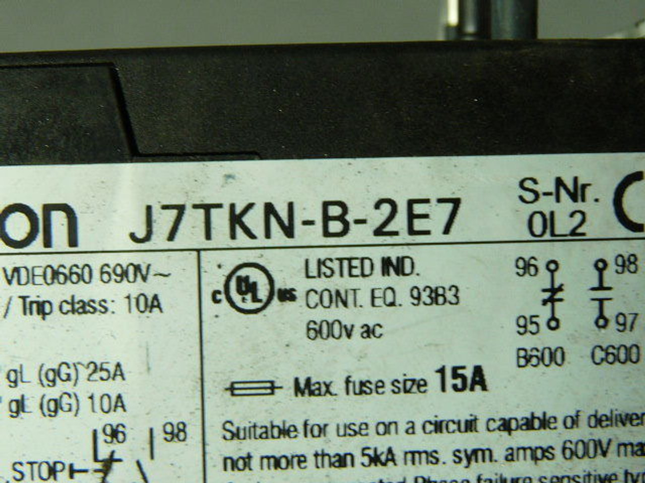 Omron J7TKN-B-2E7 Overload Relay 3Pole 1.8-2.7A 600VAC USED