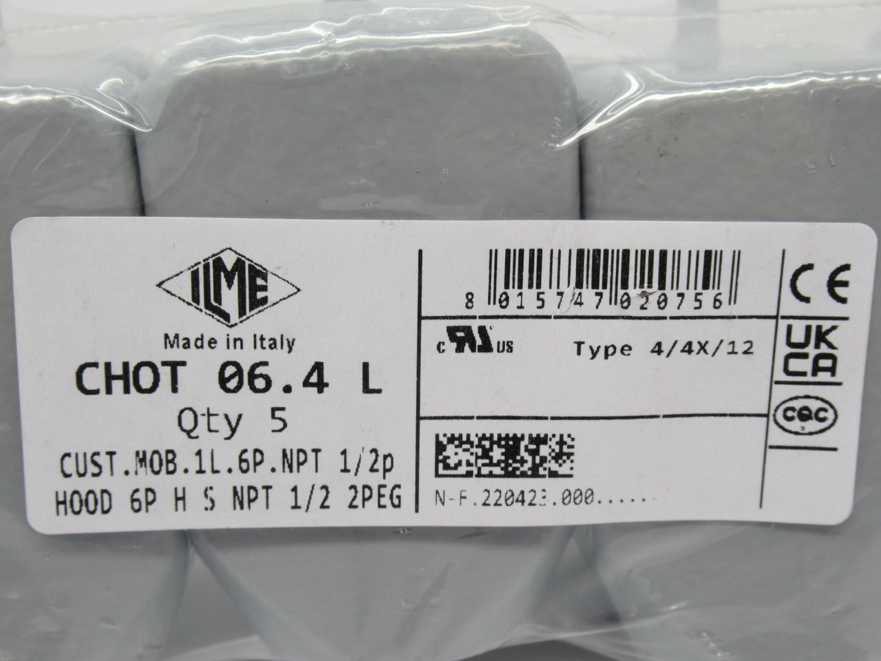 Ilme CHOT-06.4-L Rectangular Connector Hood 2Peg Side Cbl Entry 1/2"NPT 5Pk NEW