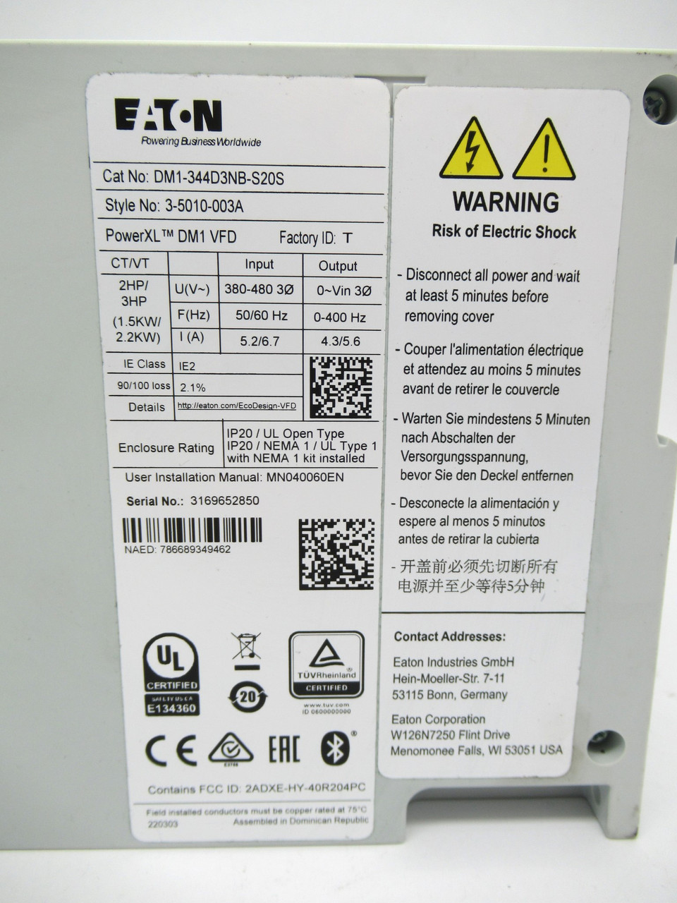 Eaton DM1-344D3NB-S20S Variable Frequency Drive 2/3HP 3Ph 0-480V 4.3/5.6A USED