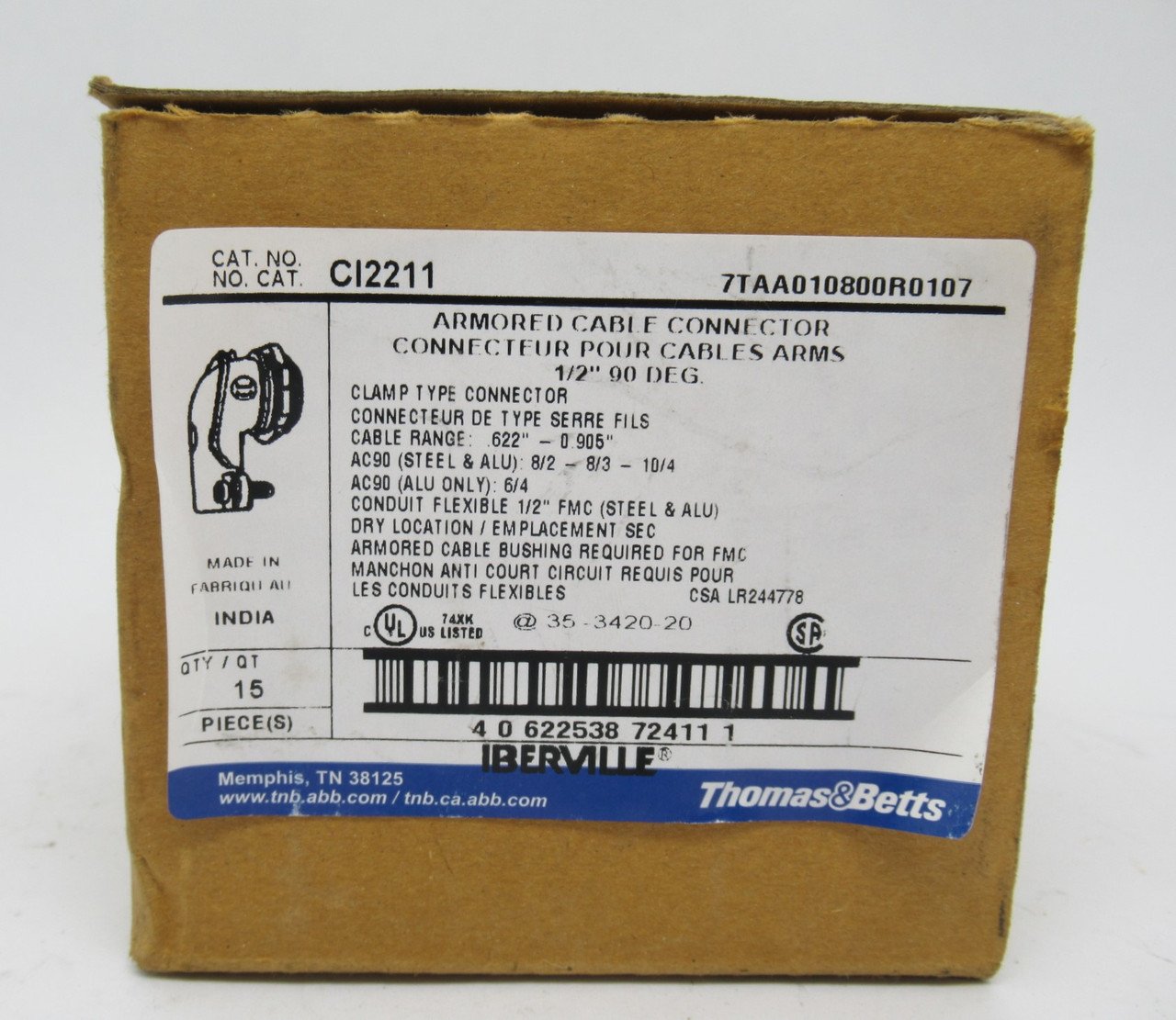 Thomas & Betts CI2211 Armored Cable Connector 1/2" Lot of 9 *Box Wear* NEW