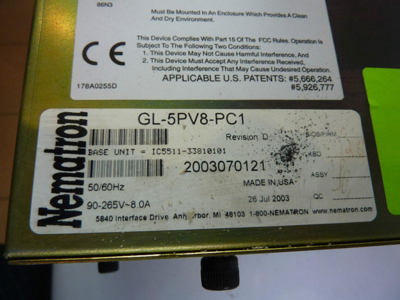 Nematron GL-5PV8-PC1 Control Interface Panel USED