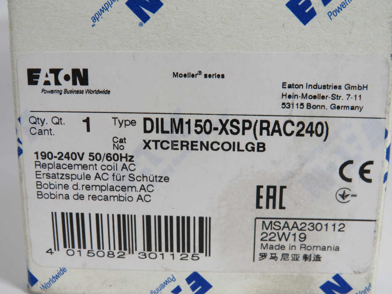 Eaton DILM150-XSP(RAC240) XTCERENCOILGB Coil 190-240V 50/60Hz BOX WEAR NEW