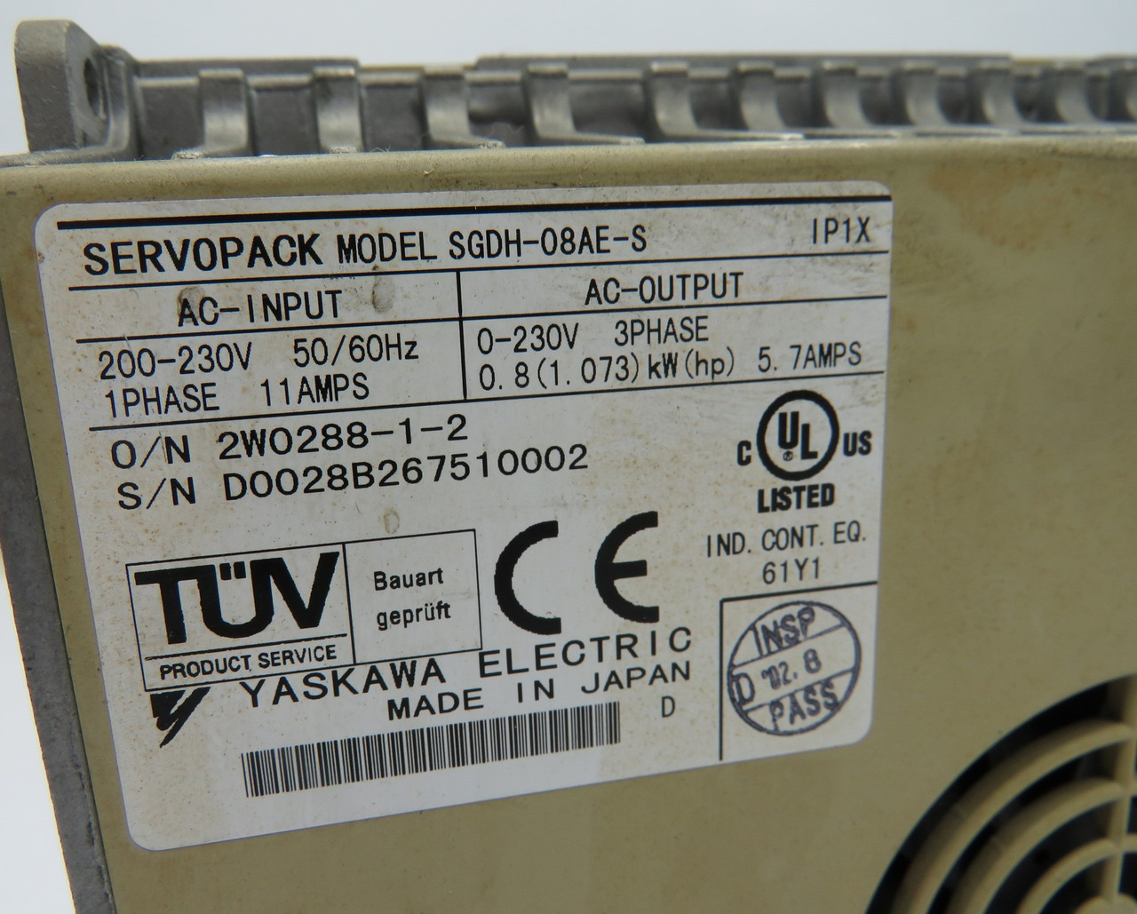Yaskawa SGDH-08AE-S Servo Pack AC Drive 0.8kW 1.073HP 3Ph 0-230V 5.7A USED