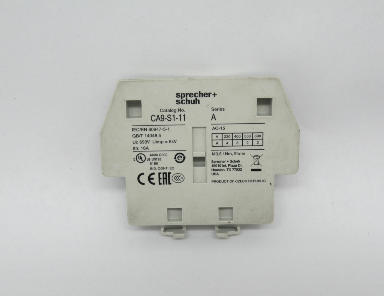 Sprecher & Schuh CA9-S1-11 Auxiliary Contact Block Ser A 1NO 1NC 690V 16A USED