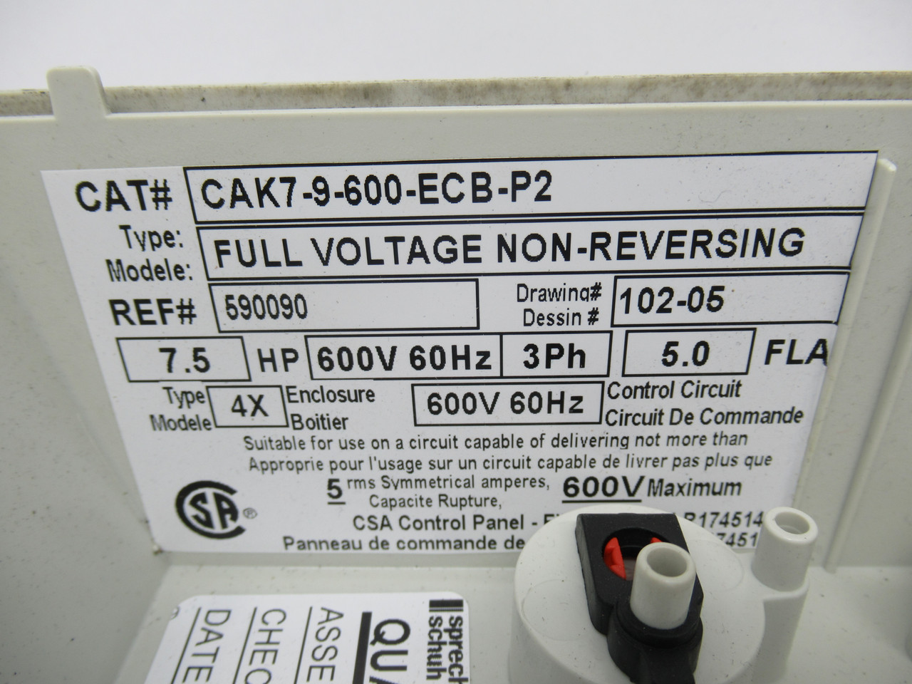 Sprecher + Schuh CAK7-9-600-ECB-P2 Enclosed Starter 600V 60HZ SHELF WEAR USED